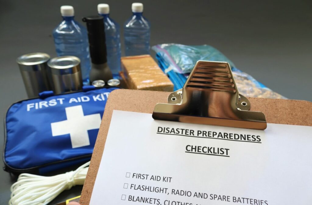 A disaster preparedness checklist held in front of a range of supplies, including a first aid kit, water, and a flashlight