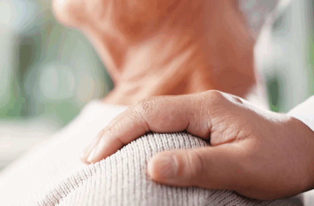 A close-up of a caring hand on a senior's shoulder as they handle a diagnosis of dementi