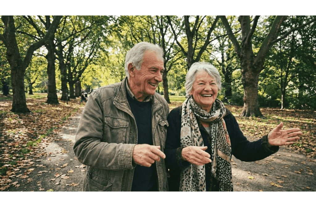 Two older adults walking side-by-side on a park path, smiling and talking while exercising outdoors.