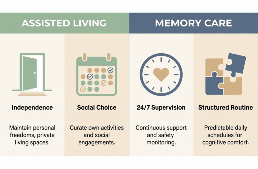 Comparison chart showing differences between assisted living independence and memory care supervision using icons for schedules and staff support.