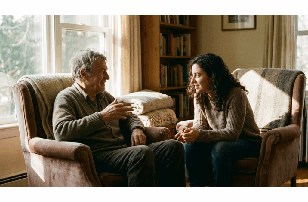 A younger adult listens attentively to an older adult while sitting together in armchairs during a respectful conversation.