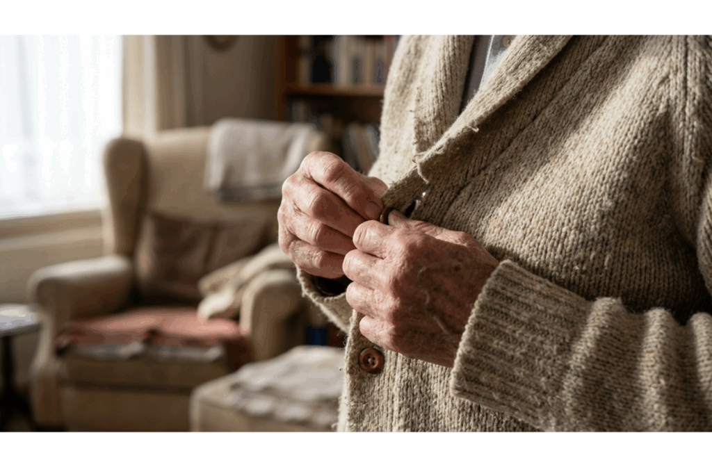 Close-up of elderly hands struggling to fasten a button on a cardigan, illustrating motor skill challenges associated with cognitive decline.