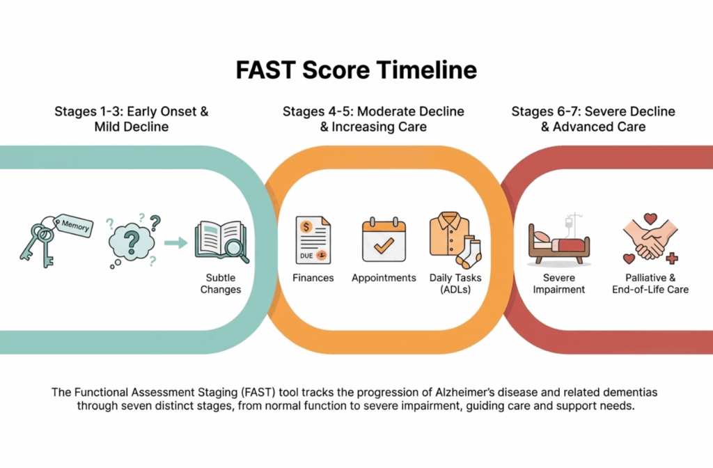 Timeline infographic showing the 7 stages of dementia progression, categorized into early changes, increased support, and advanced care.