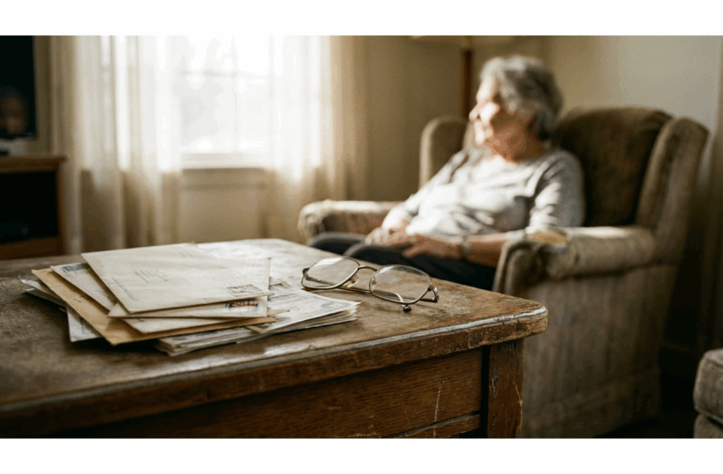 senior sits on a chair looking out a window