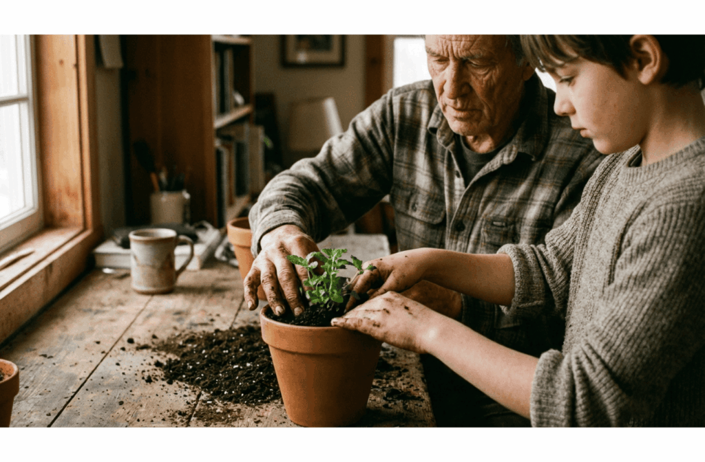 Older adult and younger person potting a plant together at a workbench with focus on their hands and soil.