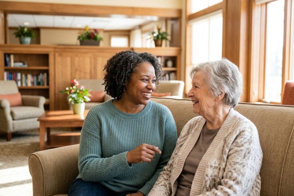 Two adults sitting on a couch, smiling and talking to each other in a room with bookshelves.