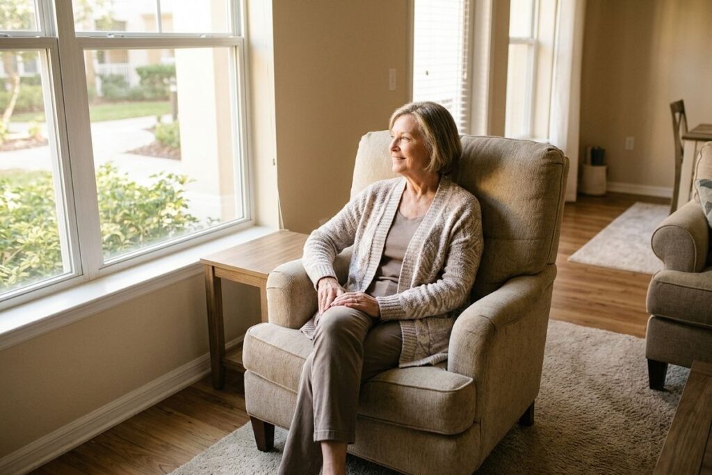 Older adult sitting in a beige armchair by a window, smiling while looking outside, in a sunlit living room