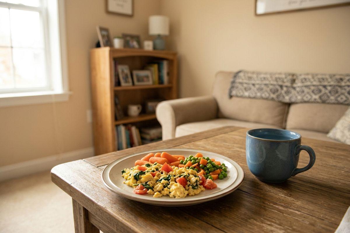 On a wooden table, a plate of scrambled eggs, carrots, and peas sit beside a blue mug.