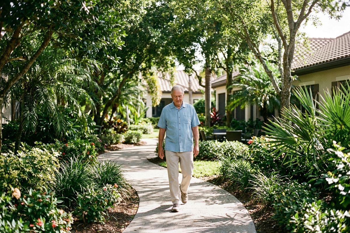 An older adult walks along a paved, community garden pathway lined with tropical plants near single-story buildings.