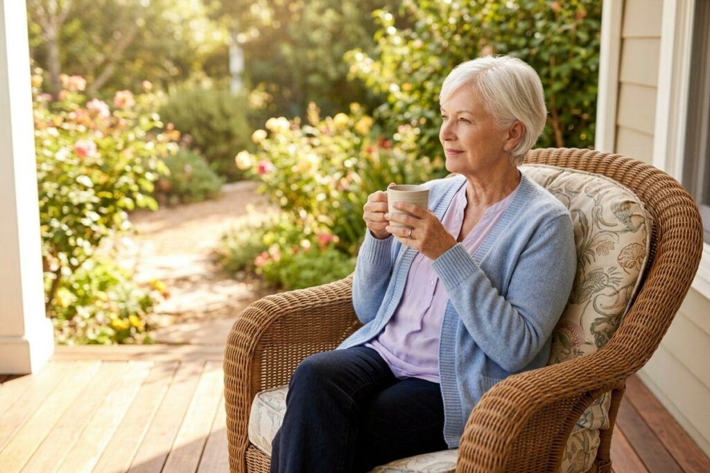 An older adult sits in a wicker chair on a porch, holding a mug, overlooking a sunlit flower garden.